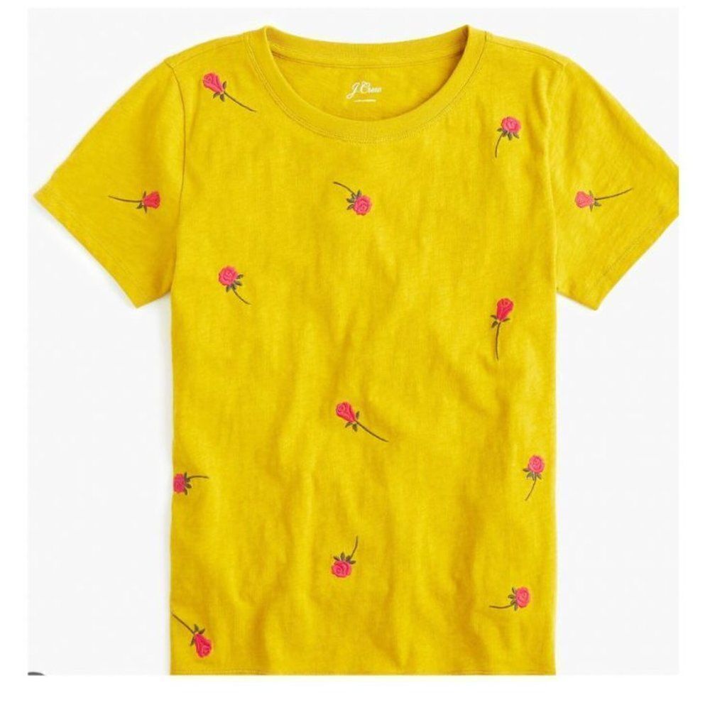 J. Crew Yellow Gold Short Sleeve T Shirt with Hot Pink Roses Size XL